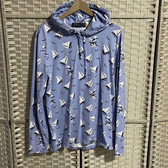 Polo Ralph Lauren Hooded Cotton Jersey Men L Blue Sailing Bear Print Long Sleeve - Picture 2 of 12
